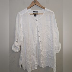Tahari White Linen Button Down Shirt Size 1X Coastal Career Lagenlook
